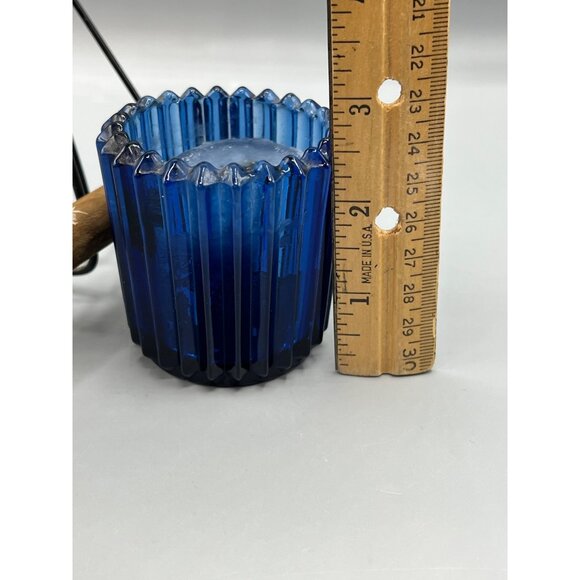 Cobalt Blue Glass Candle Holder With Iron Holder Wood Handle Primitive Look 4.5" - Picture 4 of 15